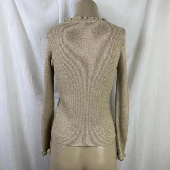 🌟 VTG Y2K Liz Claiborne Lizsport Petite Gold Shimmer Holiday Ruffle Sweater PS - Picture 4 of 13